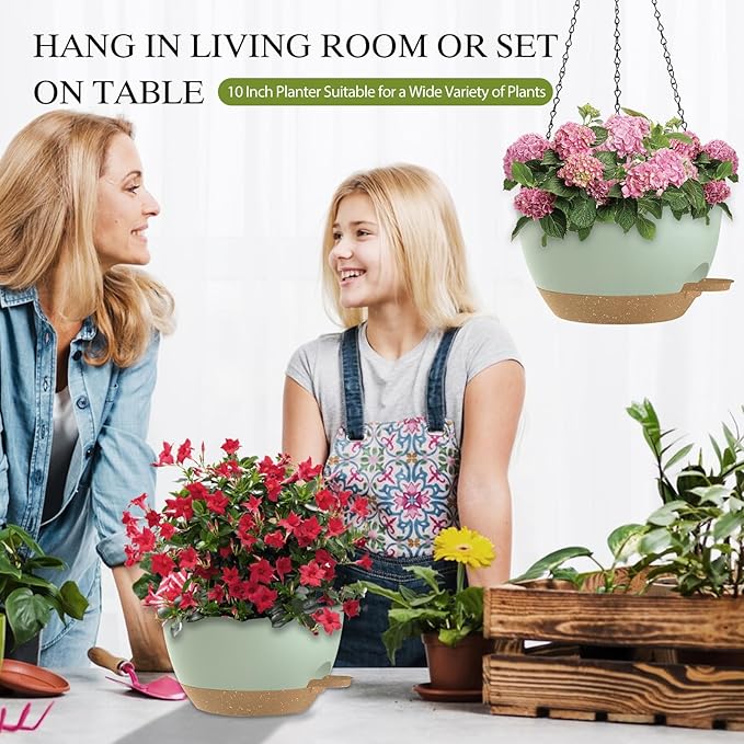 10 Inch Hanging Baskets 2 PC with Chains, Self-Watering Hanging Planters for Indoor Outdoor Plants, Plastic Hanging Flower Pots,Green Brown
