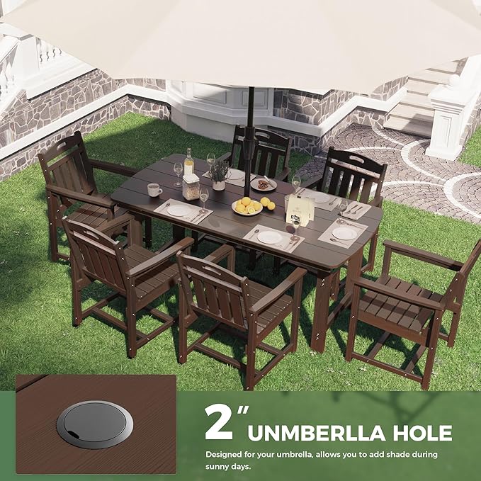 HDPE Outdoor Patio Dining Set with Table & 6 Chairs, All-Weather 7-Piece Outdoor Table and Chairs, 2" Umbrella Hole, Patio Furniture for Garden, Backyard, Deck | Brown
