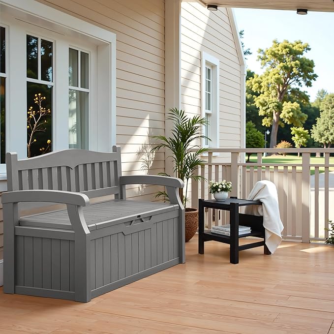 Flamaker 80 Gallon Storage Bench Outdoor Indoor, Durable All-Weather Seating with Hidden Storage, Lockable Deck Box for Garden, Patio, Poolside (Grey)