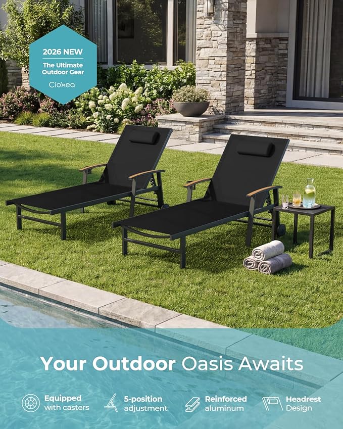 Ciokea Outdoor Lounge Chair with Pillow Set of 4, 5-Position Chaise Lounge with Wheels & Armrests, 400 lbs Heavy Duty Aluminum Pool Lounge Chairs, for Beach, Deck, Poolside & Backyard, Black