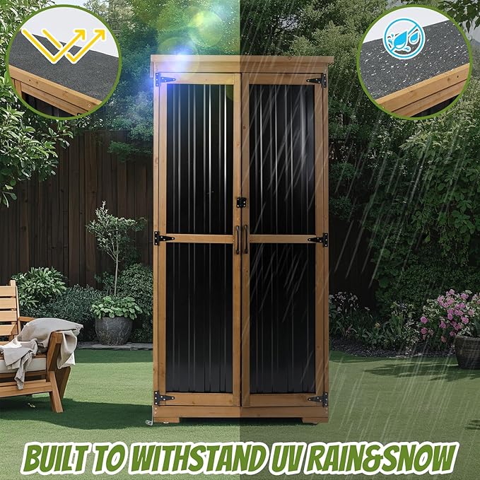 Outdoor Storage Cabinet with Shelf, Wood & Metal Storage Shed with Waterproof Roof & Lockable Doors,Tall Outdoor Cabinets for Patio Backyard, Gardening Tools and Accessories, Brown