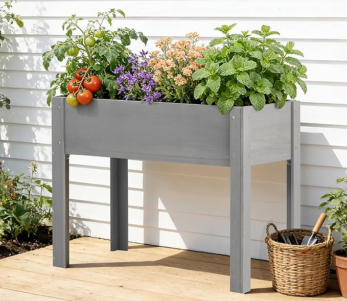 SoliWood Raised Garden Bed with Legs, 40x20x31'', Outdoor Wood Elevated Planter Box, Thick Legs, w/Liner