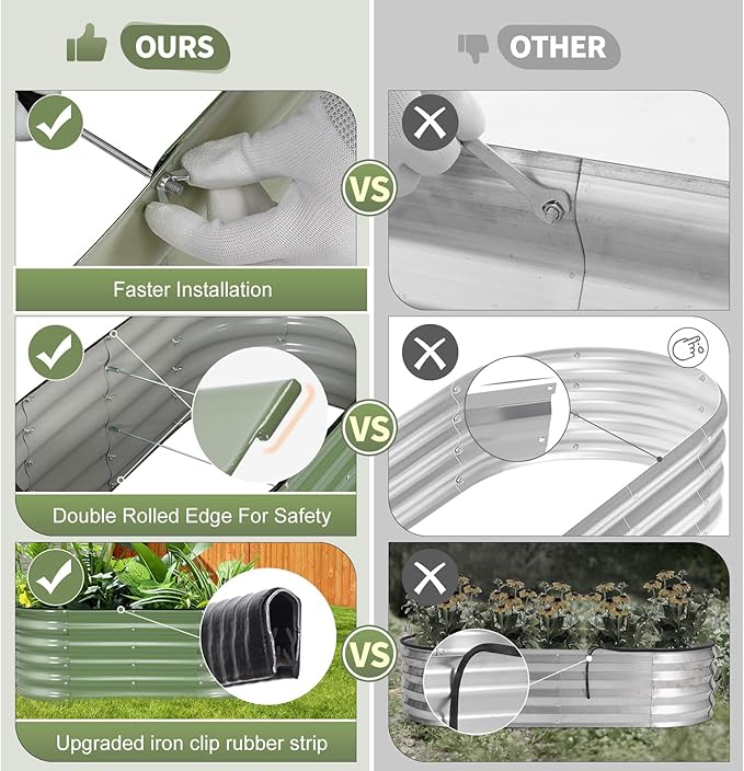 Galvanized Raised Garden Bed - 4x2x1.4FT Metal Planter Boxes Outdoor | Oval Steel Raised Bed Kit for Gardening with Protective Tape, Gloves for Vegetables, Flower, Herb (Green)