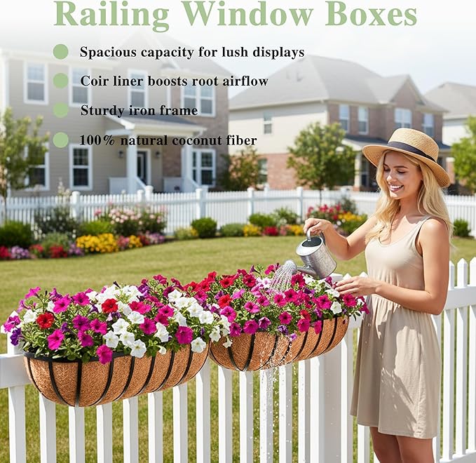 36 Inch Railing Planter Window Box Deck Balcony Rail Planter with Coco Liner Metal Wall-Mounted Coconut Liner Planters Basket Horse Trough Planters for Outdoor Balcony Porch Fence Patio (2 Pack)