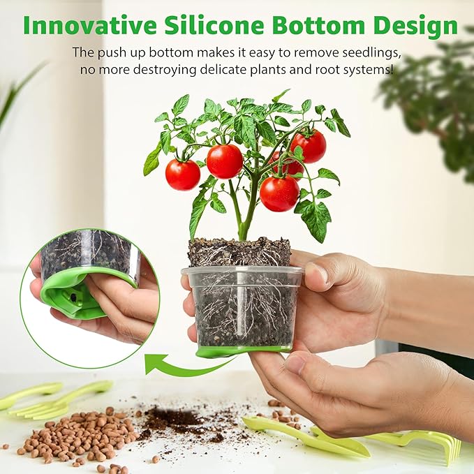 MIXC Thickened Clear Nursery Pots with Silicone Base for Easy Transplant 60 Packs 4 Inch, Transparent Plant Pot Reusable Seedling Pots for Vegetable Propagation, Root Cutting, Seed Starting, Green