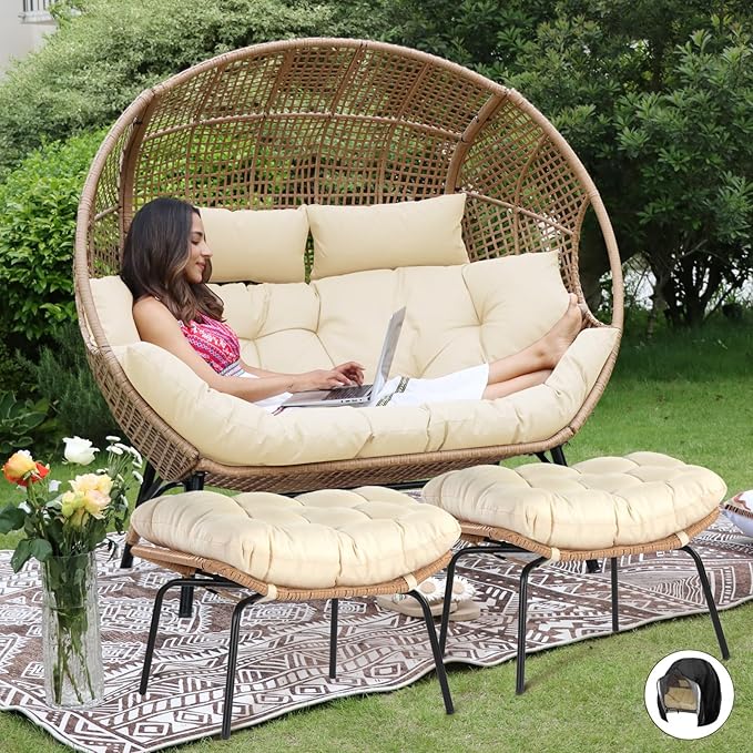 NICESOUL Indoor Outdoor Double Egg Chair with Ottoman Padded Cushions, 57.1" Plus Size XL Wicker Lounge Chair Deep Seating with Footrests, 2 Person Loveseat for Patio Porch Balcony Cream Beige