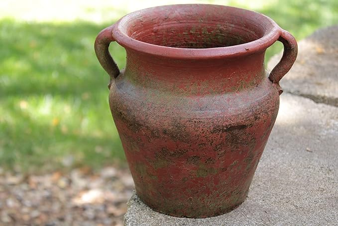 Egyptian Era Designed Earthen Ware Terra-Cotta Vessel/Planter with Looped Handles (Flared Lip Distressed Red Earth)