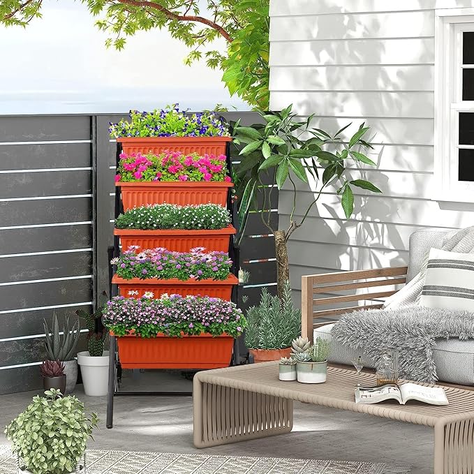 Homdox 5-Tier Elevated Garden Bed- Freestanding Vertical Raised Bed for Gardening, 5 Garden Planter Boxes and 5 Hooks, Perfect to Grow Vegetables Herbs Flowers Indoor(Brick Red)