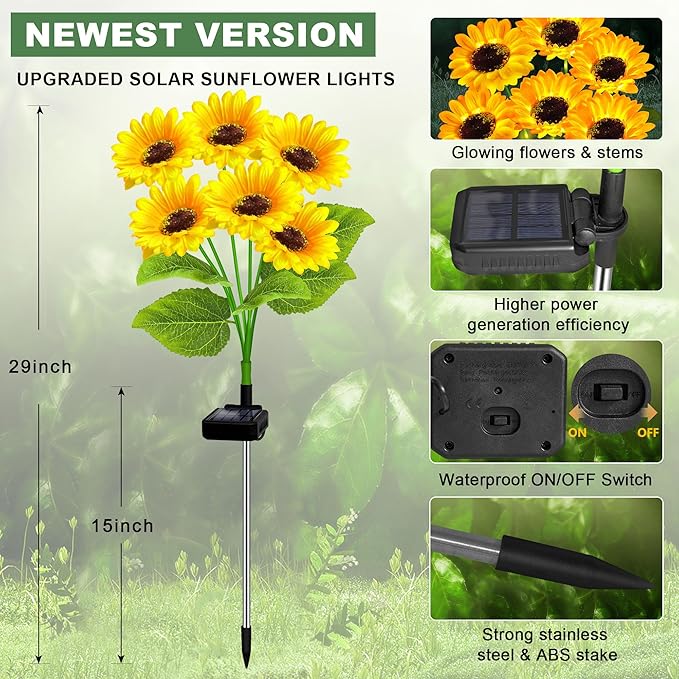 2 Pack with 12 Sunflower Solar Lights Outdoor Garden Decor,Solar Flowers Lights Waterproof,Sunflowers Gifts for Mom Women Grandma Birthday,Decorative Stakes Lights for Landscape Yard Patio Lawn