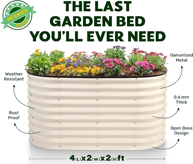 Plant & Plot Galvanized Raised Garden Beds Outdoor // 4×2×2 ft Planter Raised Beds for Gardening, Vegetables, Flowers // Large Metal Garden Box (White) // Patented Tool-Free Design