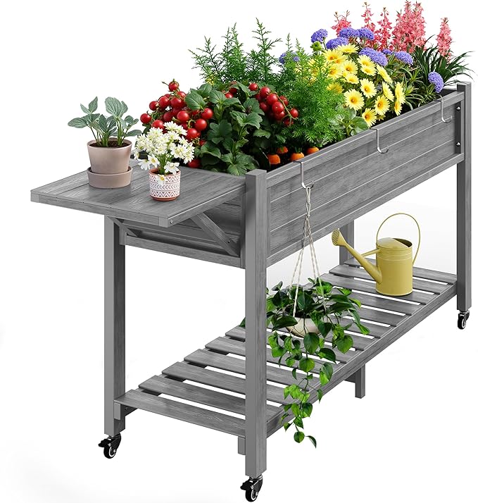 YEFU Raised Garden Bed with Legs: 57x18x30in Weight Capacity 400lb - Waterproof Raised Planter Box with Wheels - Elevated Garden Bed with Storage Shelf - Weather Resistant - for Deck/Patio/Porch/Grey