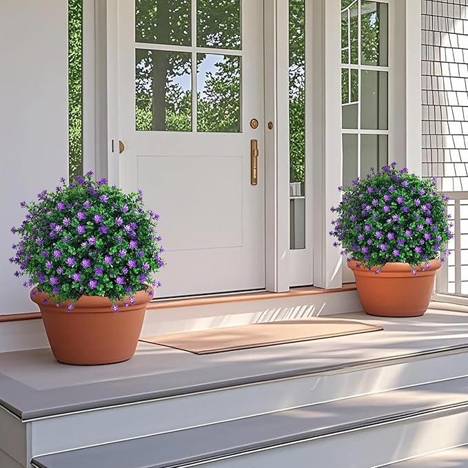 Artificial Boxwood Topiary Tree with Flower, Set of 2 Artificial Shrub Bushes with Ground Spike, Fake Evergreen Tree for Porch, Artificial Plants for Outdoor Planters Indoor UV Resistant