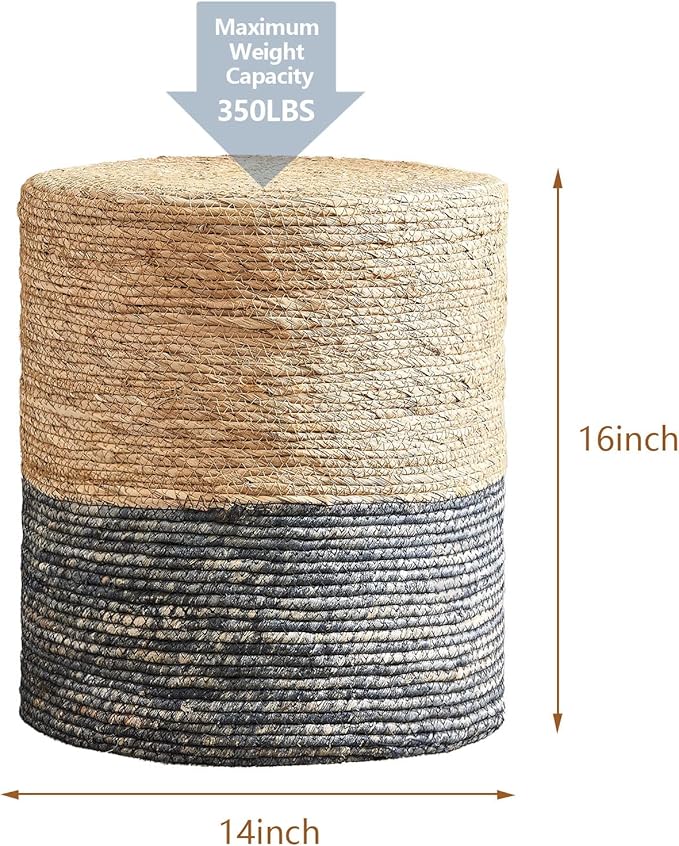 Wimarsbon Round Pouf Ottomans, Handwoven Natural Water Hyacinth Seagrass Pouffe,Outdoor Rattan Stool Accent Seat, Bohemian Coastal Home Decor (2pcs 14inch Natural Cattail-Blue)