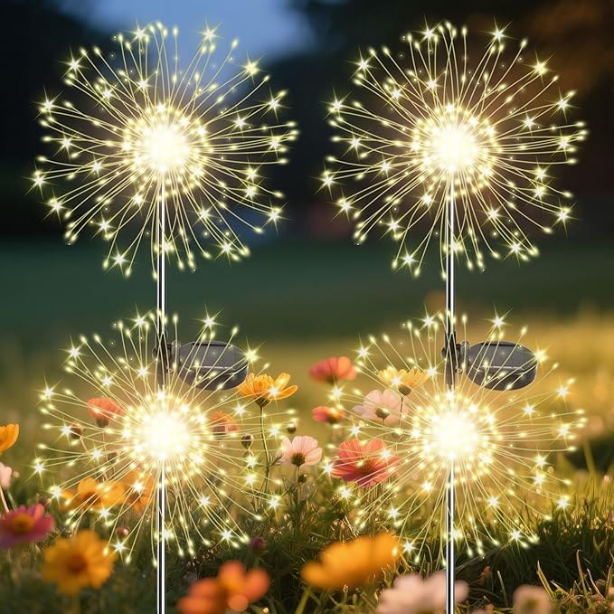 Garden Outdoor Lights, 4 Pack 120 LED Solar Garden Lights Fairy Lights Outdoor Waterproof Decorative Solar Firework Lights for Yard Patio Pathway Flowerbed Party Wedding Decor, Warm White