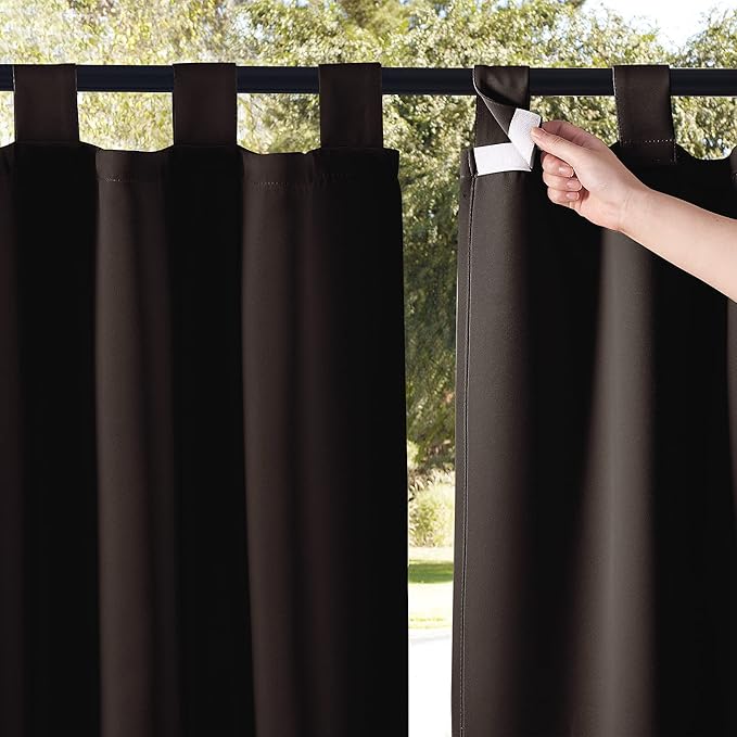 NICETOWN 2 Panels Outdoor Curtainss 95" Long for Patio Waterproof, Sticky Tab Top Thermal Insulated Blackout Drapes Privacy Curtainss for Outdoor Living Dividers, W52 Per Panel, Toffee Brown