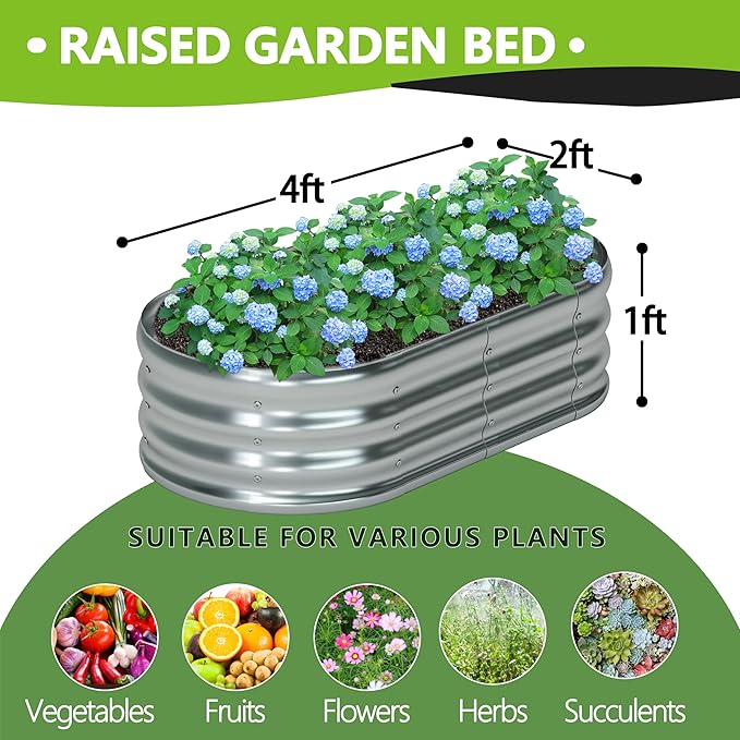 4x2x1ft(2 Pack) Galvanized Oval Raised Garden Bed,Outdoor Planter Box Metal Patio Kit Planting Bed for Vegetables Flowers Herb,Silver