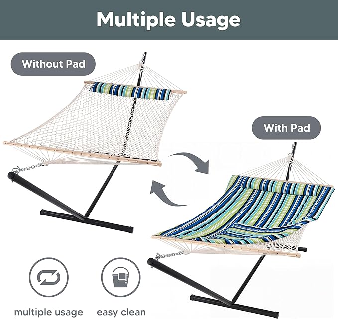 SUNCREAT Hammocks Double Cotton Rope Hammock with Polyester Pad, Heavy Duty Hammock with Steel Stand, Blue&Green