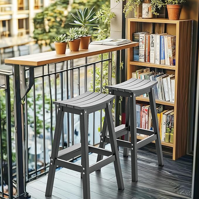 VINGLI 29" Outdoor Bar Stools Set of 2, HDPE Poly Lumber Bar Chairs with Footrest, Weather Resistant Patio Barstools for Bar, Kitchen Counter, Yard (Gray, 29 Inch 2 PC)