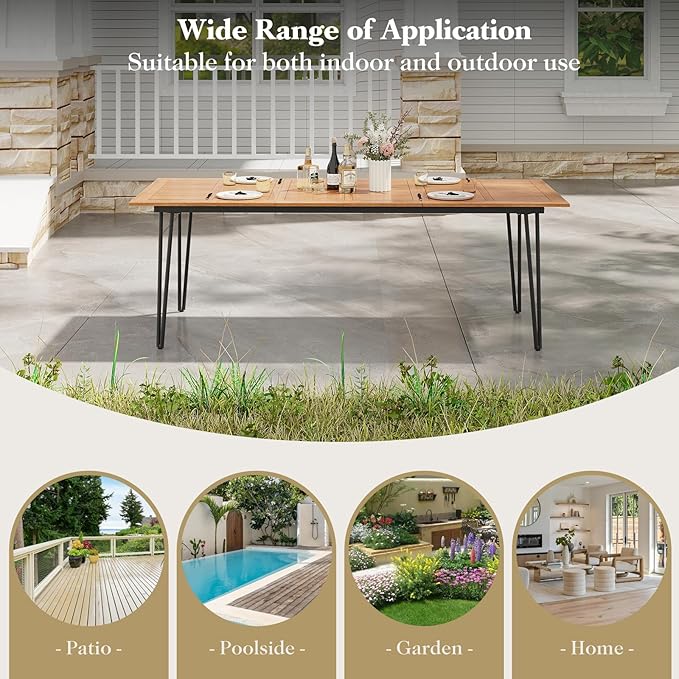 Tangkula 86.5" Large Patio Dining Table for 8, Acacia Wood 8-Person Dining Table with 2" Umbrella Hole & Metal Legs & Adjustable Foot Pads, Rectangular Outside Table for Garden, Poolside & Backyard