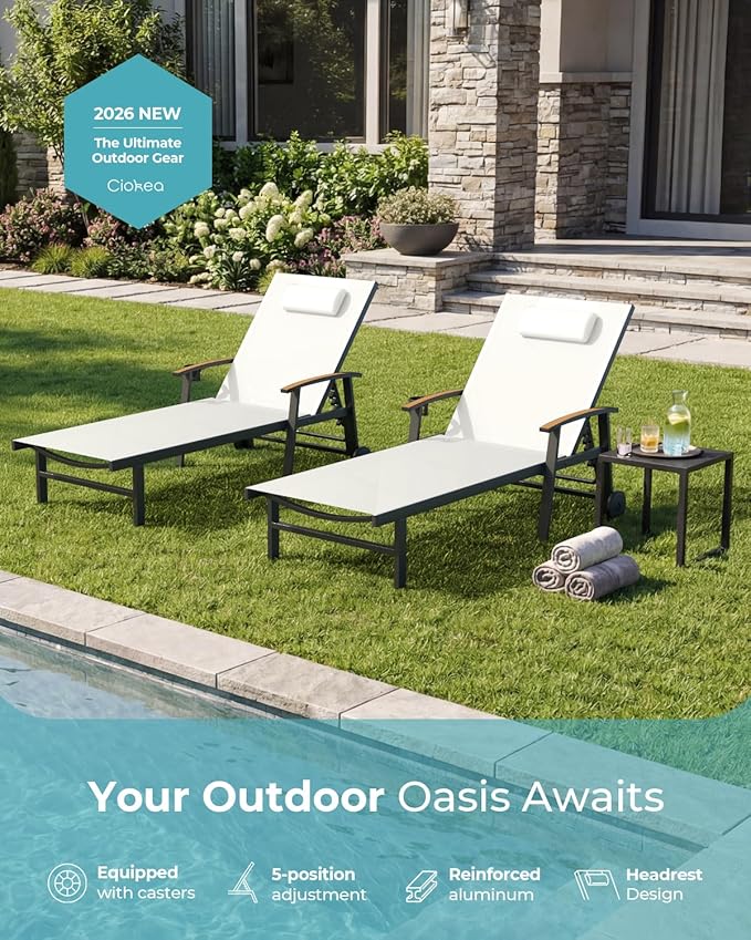 Ciokea Outdoor Lounge Chair with Pillow Set of 4, 5-Position Chaise Lounge with Wheels & Armrests, 400 lbs Heavy Duty Aluminum Pool Lounge Chairs, for Beach, Deck, Poolside & Backyard, White