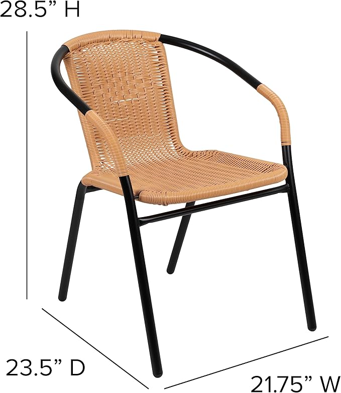 EMMA + OLIVER Set of 2 Modern Rattan Indoor/Outdoor Stack Chairs, Stacking Rattan Patio Chairs with Curved Back and Cross Bracing, Beige