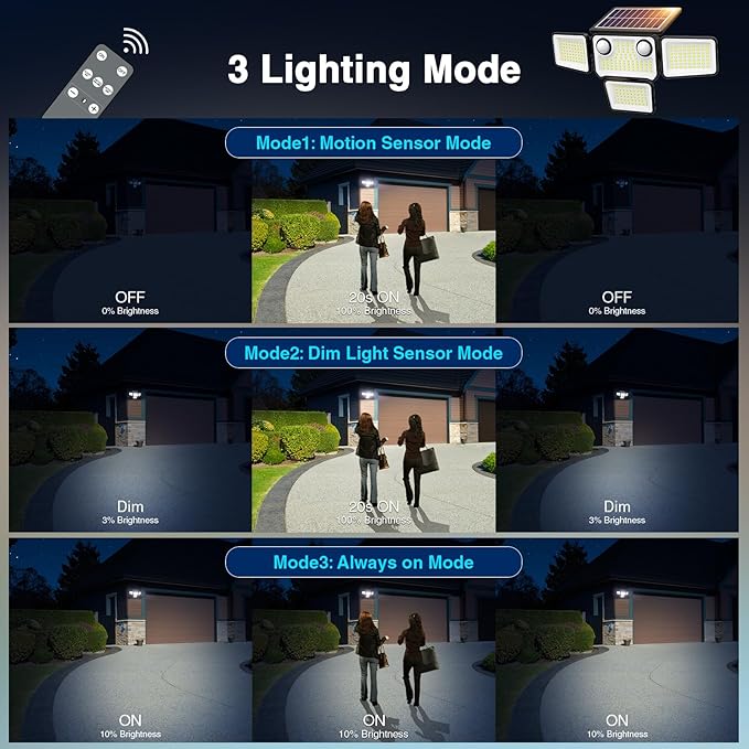 4500LM Solar Lights Outdoor Waterproof, 254 LED Solar Flood Lights Outdoor with 2 Motion Sensor, 4 Heads Security Light with Remote Control for Yard Outside House Garage 2 Pack