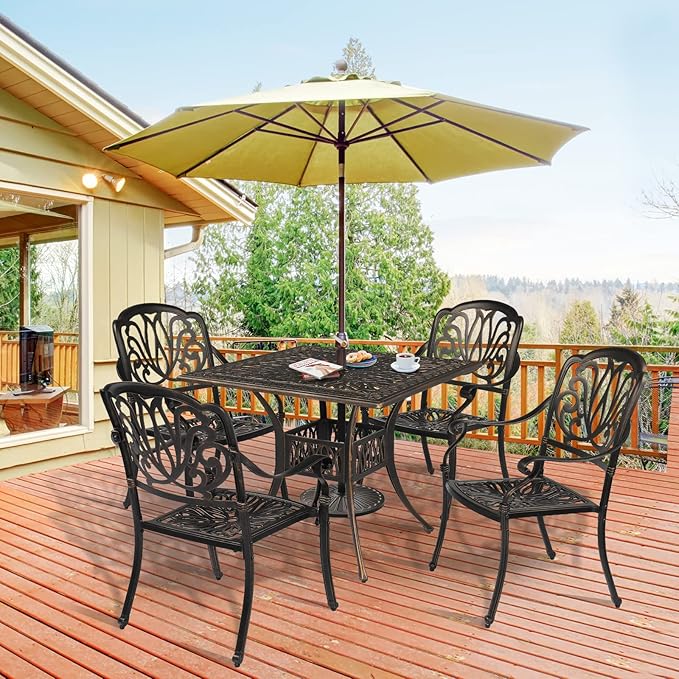 VINGLI Patio Dining Table with Umbrella Hole, Cast Aluminum Outdoor Bistro Furniture for Garden (35.4" Lx35.4 Wx29.5 H)