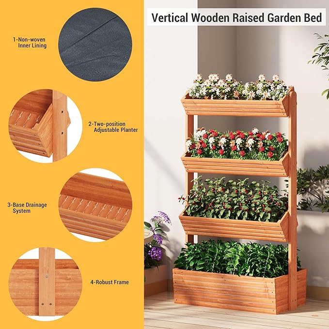 Vertical Wooden Raised Garden Bed Planters Wood Planter Kit Plant Stand Flower Rack Planter Box Gardening for Plants Herbs Flowers Vegetables Outdoor Indoor Freestanding (Orange 4-Tier)
