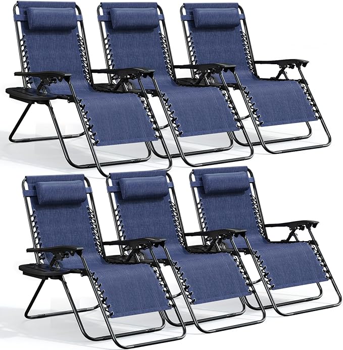 Nestl Zero Gravity Chairs Set of 6, Patio Lounge Chair Outdoor with Pillows & Cup Holder Trays, Adjustable Steel Mesh Reclining Camping Chair, Folding Patio Lawn Chair for Deck, Beach, Yard - Blue