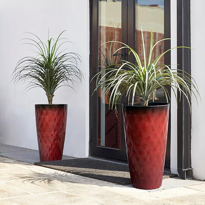 Glitzhome 23.75" H Tall Outdoor Planter, Set of 2 Wavy Texture Red Large Planters for Outdoor Plants, with Drainage Hole, Plastic Round Decorative Tall Flower Pots for Indoor Outdoor, Front Porch