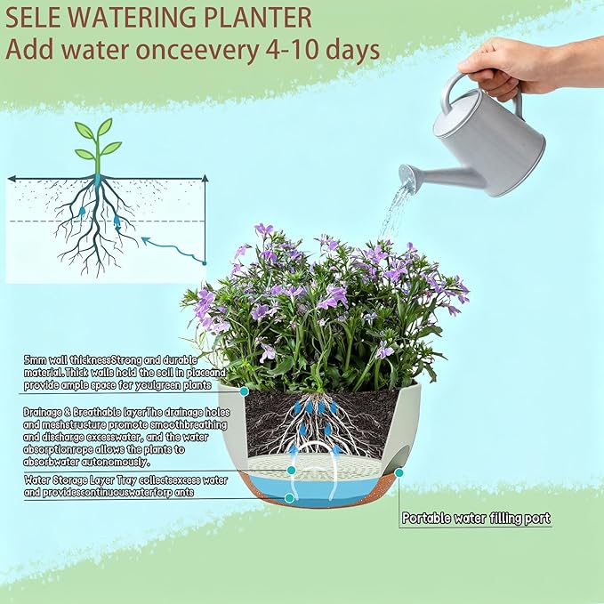 Set of 2-8 Inch Self Watering Hanging Planters for Indoor Outdoor，Hanging Plant Pots with Drainage & Removable Tray, Hanging Pots Holder for Ivy, Pothos, Ferns, Balcony & Patio, Green Brown