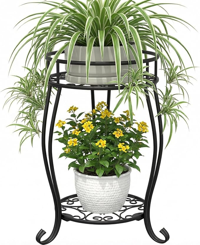 TOSKING 2 Tier Metal Plant Stand Indoor Outdoor , Rustproof Stable Plant Stands Multiple Plant Rack Holder Flower Pot Stand for Living Room Balcony Garden Patio Bedroom (Black, 19.5)