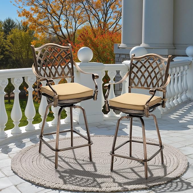 VINGLI Outdoor Swivel Bar Stools Set of 2, Cast Aluminum All-Weather Patio Bar Height Chairs, Patio Bar Dining Chairs Outdoor Swivel Patio Furniture (Grid Back)