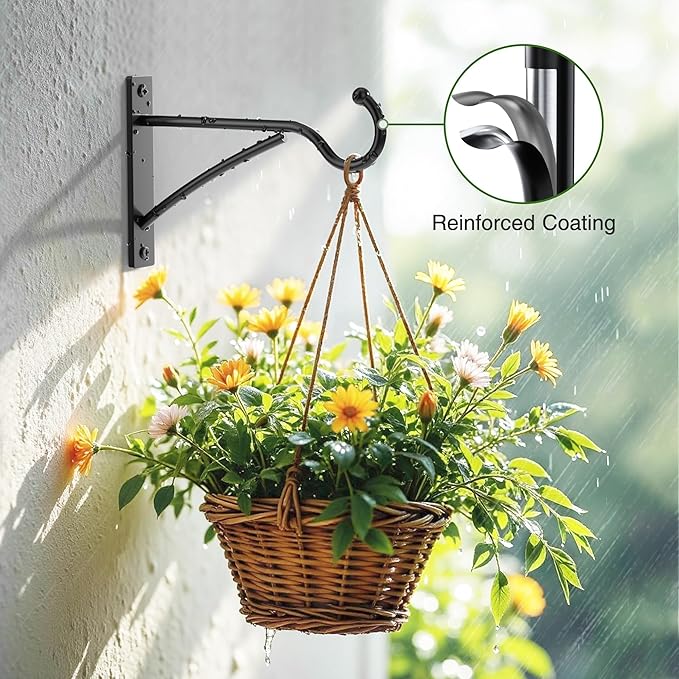 6 Inch 2 Pack Heavy Duty Plant Hangers Outdoor, Metal Plant Brackets for Hanging Baskets, Plant Wall Hooks for Bird Feeders, Wind Chimes & Lanterns, Premium Metal Hooks Matte Black, 30lbs Capacity