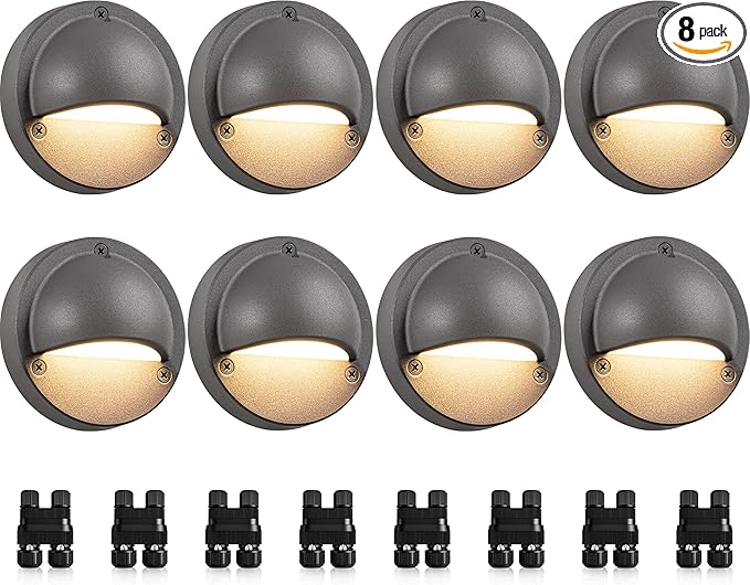 SUNVIE Low Voltage Deck Lights with Fastlock2 Wire Connector 5W LED Landscape Step Stair Lights Outdoor Accent Lighting Garden Post Fence Light 3000K 12-24V AC/DC 3.2FT ETL Listed Cord, 8 Pack