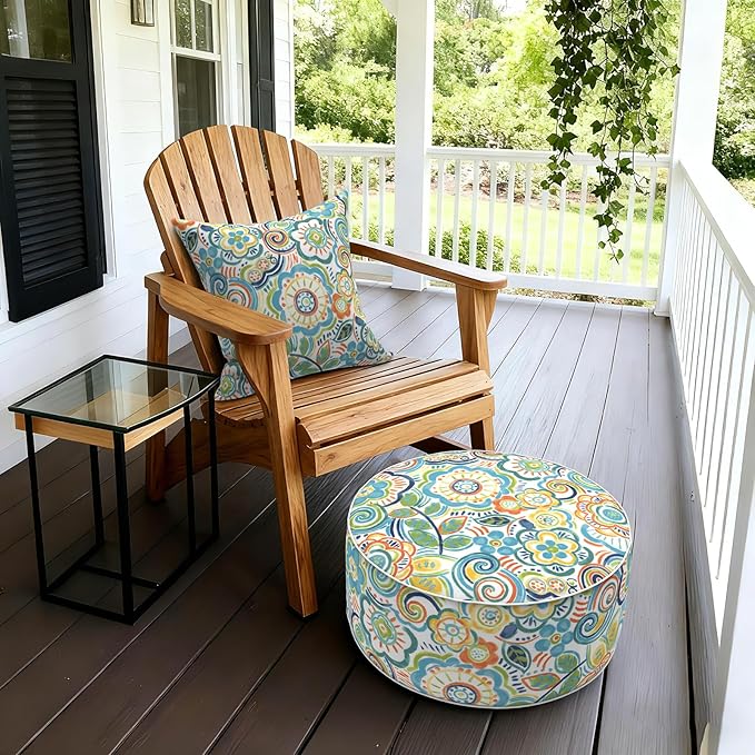 LVTXIII Outdoor/Indoor Inflatable Stool Ottoman, All Weather Patio Footrest Pouf, Portable Round Ottoman for Patio Garden, Camping or Home, D21xH9 Inches, Flower Blue