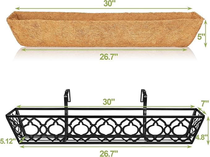 2pcs 30 Inch Window Deck with Coco Liner, 30" Window Boxes Horse Trough with Coconut Coir Liner, Metal Hanging Flower Planter Window Basket Deck Railing Planter Boxes for Outdoor Indoor Lawn
