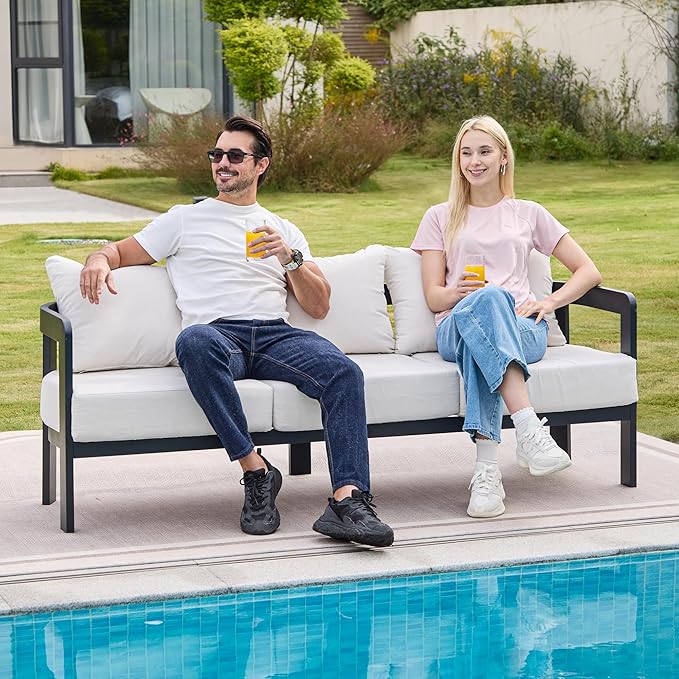 Outdoor Couch Aluminum Patio Furniture, 3-Seat All-Weather Metal Modern Patio Sofa with Washable Thick Cushion for Garden/Backyard/Porch, White