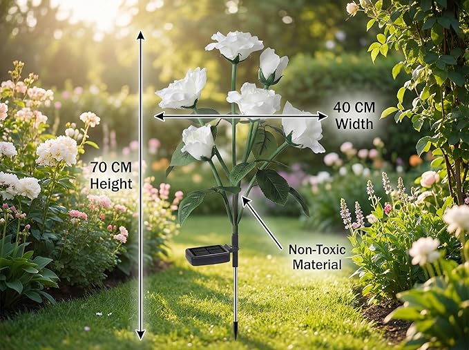 Solar Garden Rose Lights by FANCYPOP, 2 Pack Most Realistic 12 LED Flower Stake Lights, IP65 Waterproof 7 Color Changing Solar Decor for Walkway/Graveyard, Heartwarming Gifts for Grandma & Mom, White