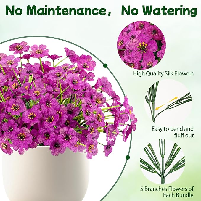 MACTING 24 Bundles Artificial Flowers for Outdoors Fake Flowers UV Resistant Faux Plastic Plants No Fade for Planters Window Patio Porch Home Garden Outside Spring Summer Decorations(Purple)