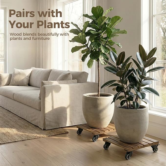 Bamworld 14 Inch Large Plant Stand Wood Plant Caddy with Wheels Heavy Duty Plant Dolly with 360 Lbs Capacity, 360° Lockable Wheels for Large Plant Pots, Indoor and Outdoor Use 2-Pack