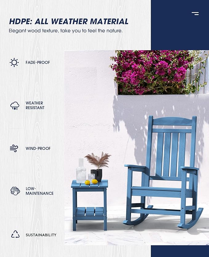 KINGYES HDPE Patio Rocking Chair Set of 4, Outdoor Rocking Chairs Porch Rocker for Adults, Navy