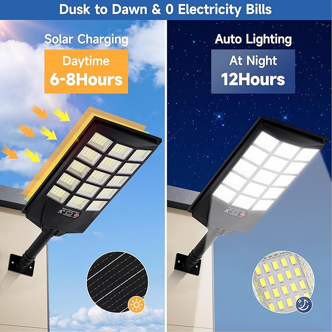 Solar Lights Outdoor Waterproof, 6500K Dusk to Dawn Solar Street Light Motion Sensor with Remote, LED Security Flood Light for Outside Garden Yard Path, Oudoor Parking Lot Lights, 4PACK