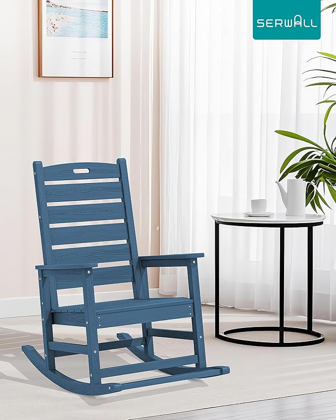 SERWALL Oversized Outdoor Rocking Chair, HDPE Patio Rocking Chair with Footrest for Adults, All Weather Porch Rocker for Deck Patio Balcony, Navy