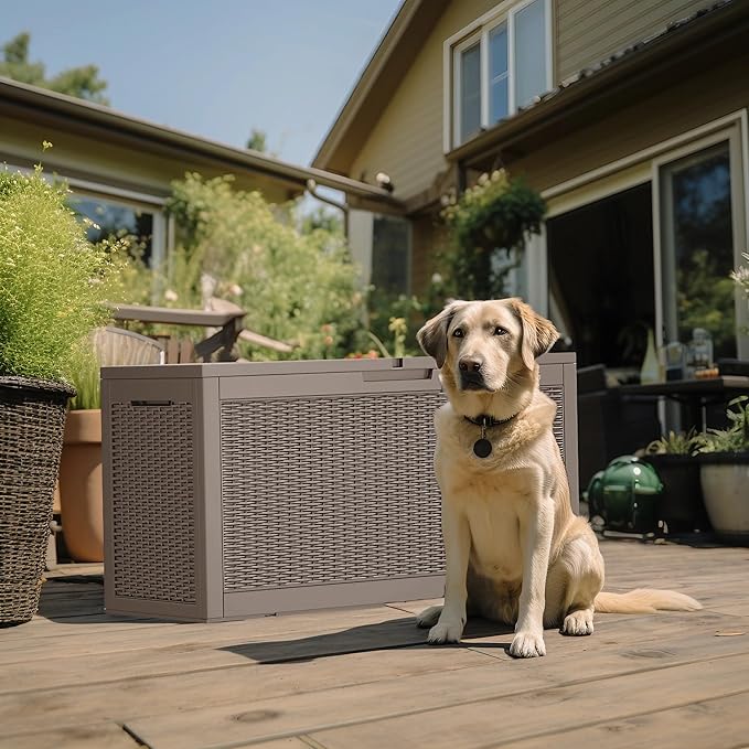 ROJIK Outdoor Storage Housing Deck Box - Waterproof Patio Furniture, Garden Tools, Cushions, Pool Accessories Storage Bench with Lockable Lid and Side Handles (Grey 110 Gal)