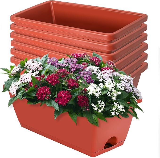 Window Box Planter, 7 Pack Plastic Vegetable Flower Planters Boxes 17 Inches Rectangular Flower Pots with Saucers for Indoor Outdoor Garden, Patio, Home Decor