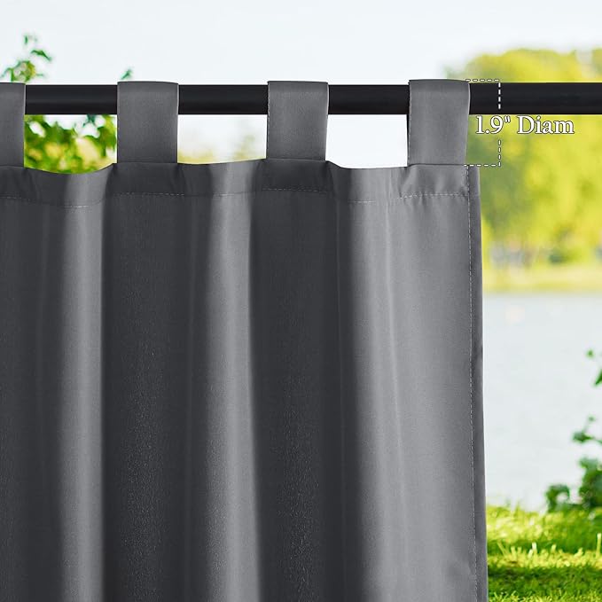NICETOWN 2 Panels Patio Outdoor Curtains 108" Length, Thermal Insulated Tab Top Light Blocking Vertical Drapes Waterproof Indoor Outdoor Panels for Lawn & Garden, Dark Grey, W55 x L108