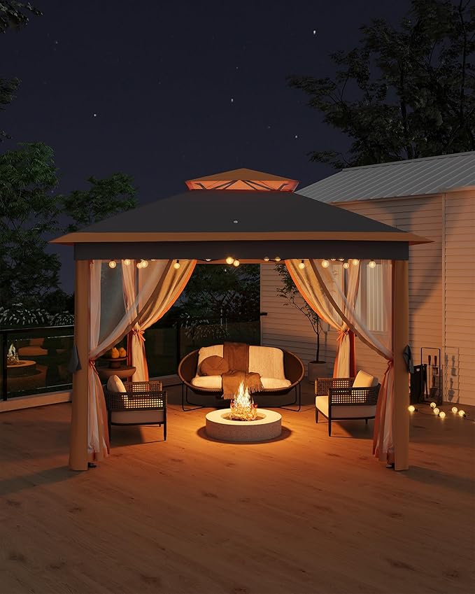 11'x11 Pop-Up Gazebo, Instant Outdoor Canopy Tent with Mosquito Nettings, Durable Steel Frame, Water and UV Proof, for Patio, Garden, Courtyard, Party (Khaki)