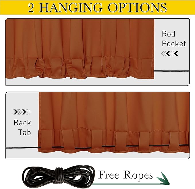 NICETOWN 2 Panels Outdoor Curtains Waterproof Fixed Grommet/Back Tab on Top & Bottom, Thermal Insulated Windproorf Sun Blocking Outdoor Drapes with Rope for Patio/Gazebo, W52 x L84, Burnt Orange