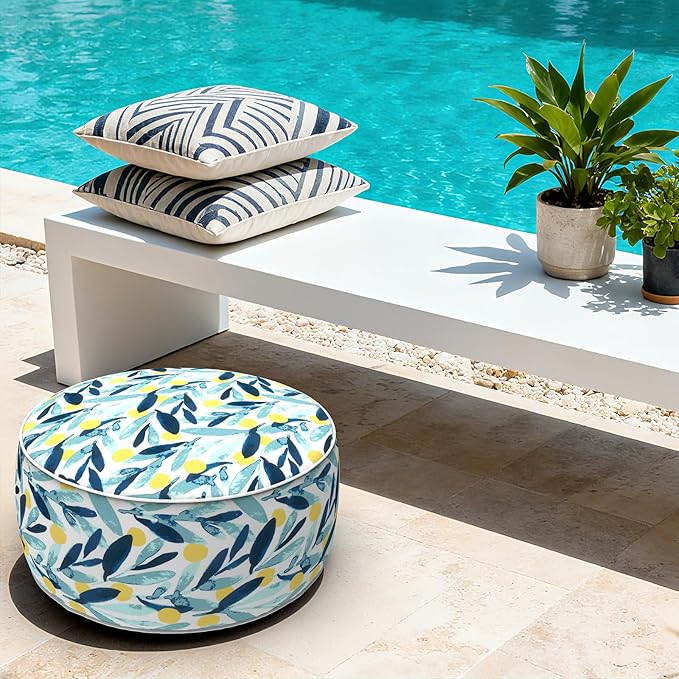 LVTXIII Outdoor/Indoor Inflatable Stool Ottoman, All Weather Patio Footrest Pouf, Portable Round Ottoman for Patio Garden, Camping or Home, D21xH9 Inches, Blue Leaves